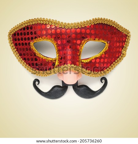 picture of a carnival mask with a fake nose and moustache on a beige background, with a retro effect