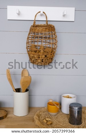 Wooden interior of modern kitchen. Scandinavian style, rustic style.