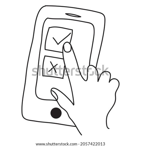 Check boxes on smart phone screen. Hand hold smartphone, finger touch screen. Checkboxes and checkmark. Vector