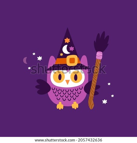 Funny owl in a witch hat with broom, moon and stars isolated on white background. Vector illustration in cartoon style. Holiday kids print for nursery, baby clothes, poster or postcard