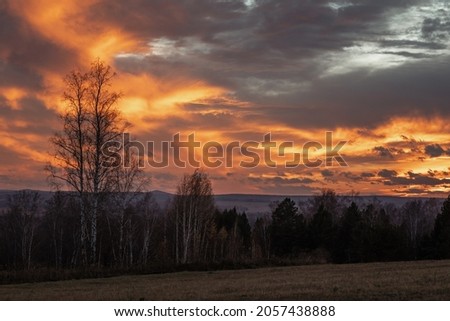 View of the lake autumn forest in siberia at sunset