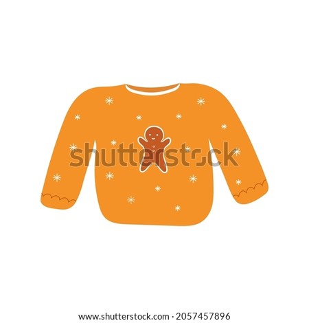 Cute sweater with gingerbread man and pattern. Hand drawn clothes isolated on white background. Cartoon style. Vector illustration.