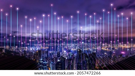Smart city and digital transformation. Cityscape, telecommunication  and communication network concept.
Big data connection technology.
De-focused.  Royalty-Free Stock Photo #2057472266