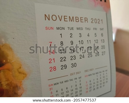 Month Calendar of the year 2021