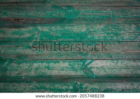Wooden logs of an old house. Close-up. Weathered green wood texture. Background. Horizontal photo.
