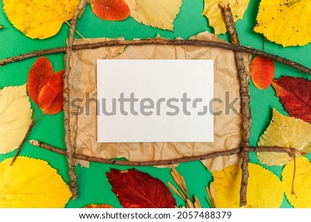 Autumn mockup with yellow, red leaves. Fir cones and a white sheet of paper for the inscription.