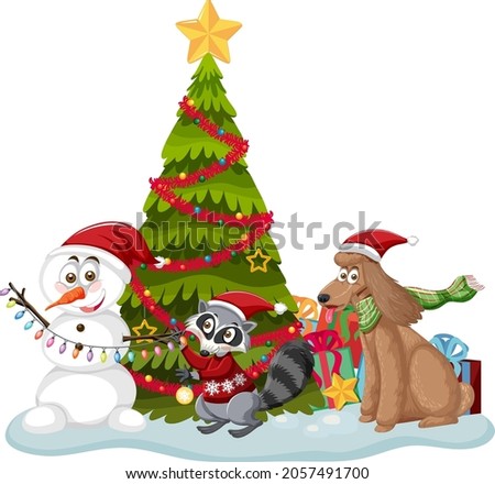 Christmas tree with cute animals on white background illustration
