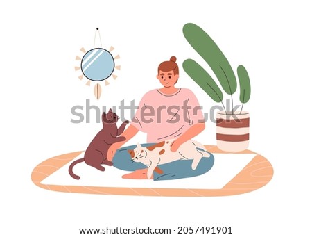 Woman sitting on yoga mat with cute cats at home. Happy persons workout with pets. Female and funny kitties training and relaxing indoors. Flat vector illustration isolated on white background.