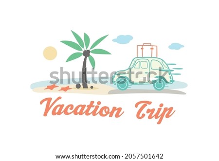 Vacation trip illustration including beach elements and a small car arriving 