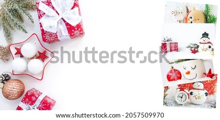 Christmas banner, Christmas balls, branches, boxes with gifts and Christmas cards on a white table. copy space.
