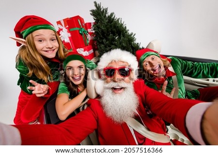 Photo of four persons make selfie north pole small little kid show peace cool v-sign isolated on white color background
