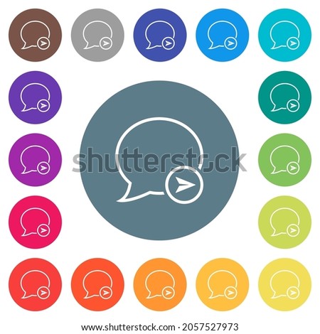 Send message outline flat white icons on round color backgrounds. 17 background color variations are included.