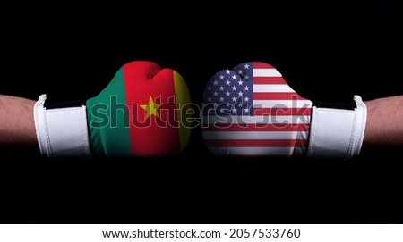 Two hands of wearing boxing gloves with USA and Cameroon flag. Boxing competition concept. Confrontation between two countries