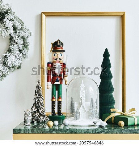 Christmas composition with beautiful decoration, christmas tree and wreath, deer, gifts and accessories in modern home decor. Template. 