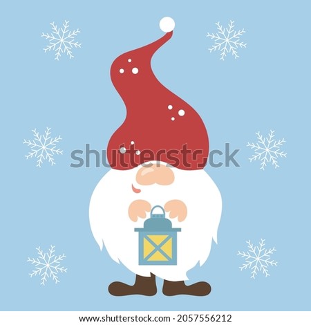 Cute Christmas gnome holds a lantern in his hands. Winter Scandinavian gnomes. Christmas dwarf decor. Kids illustrations. Vector illustration isolated on blue background.