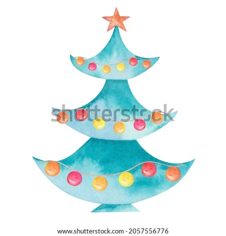 Watercolor illustration hand painted fir tree, pine, green spruce with red star and garland with balls. Isolated forest clip art for Christmas, New Year, winter for design postcards, banners, posters
