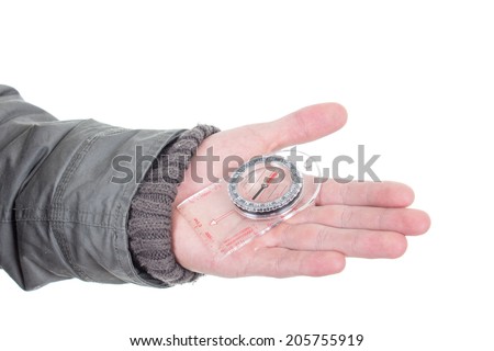 closeup of hand holding a compass isolated on white