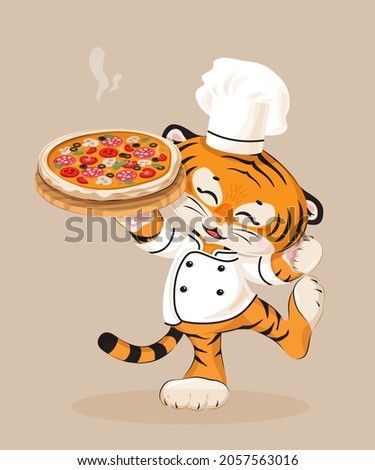 Cartoon cheerful tiger wearing chief-cooker hat and uniform, holding fresh baked scented pizza on a plate. 2022 Chinese new year mascot. Vector illustration of pizza chef isolated on beige background