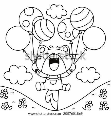 Adorable Little Kitten Playing With Balloon Coloring Book Page Illustration Asset