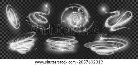 Glow white magic light with sparkle particles effect. Swirl, circle, vortex and spiral of shine. Star or comet with motion trail vector set. Wavy flying shimmer and glitter speed lines