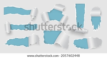 Realistic page with rip and torn holes and paper roll. White ripped sheet frames for sale poster. Teared and ragged paper pieces vector set. Folded or rolled fragments, gaps destruction Royalty-Free Stock Photo #2057602448