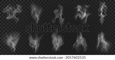 Realistic hot coffee steam, food vapor or smoke effect. Abstract aroma waves, tea vapour, fog swirls, mist flow and haze elements vector set. Fume from drink or dish, hookah or cigarette Royalty-Free Stock Photo #2057602535