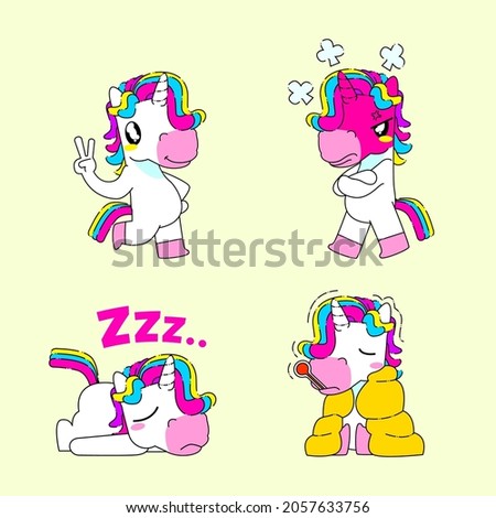 Cute unicorn sticker vector illustration, peace, angry, sleepy, and fever unicorn pose