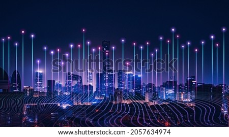 Smart city and digital transformation.  Cityscape, telecommunication  and communication network concept. Big data connection technology.
De-focused background. Royalty-Free Stock Photo #2057634974