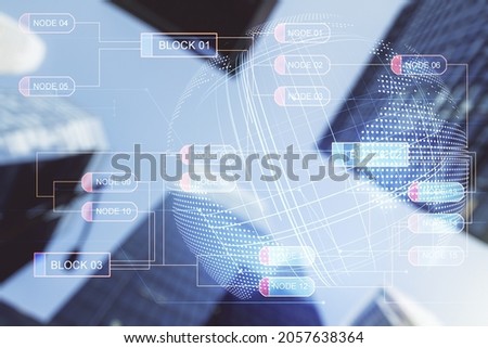 Multi exposure of abstract creative coding sketch and world map on office buildings background, artificial intelligence and neural networks concept