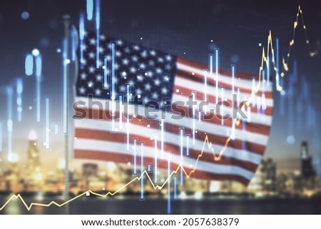 Multi exposure of abstract virtual financial graph hologram on USA flag and blurry cityscape background, forex and investment concept