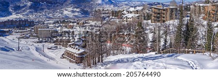 Descending into base area of  Steamboat Springs ski area, Colorado Royalty-Free Stock Photo #205764490