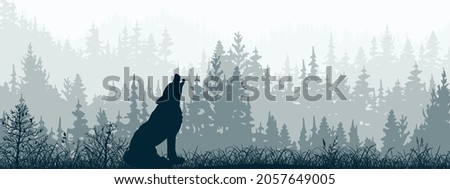 Horizontal banner. Silhouette of wolf standing on meadow in forrest. Silhouette of animal, trees, grass. Magical misty landscape, fog. Blue and gray illustration. Bookmark.