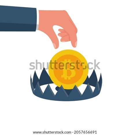 Coin bitcoin in a mousetrap. Money trap crypto currency.  Blockchain cryptocurrency. Mousetrap with golden coin. Hand reaching for free money. Vector illustration flat design. Financial bait.