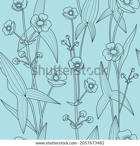 Blue floral vector pattern set. Seamless backgrounds with hand drawn river flowers, leaves and branches. Graphic monochrome black and white design.