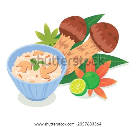 It is an illustration of autumn matsutake mushrooms and Japanese matsutake mushroom rice. Since it is vector art, it can be easily edited. Royalty-Free Stock Photo #2057683364