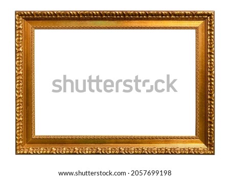 horizontal vintage carved golden wooden picture frame cutout on white background