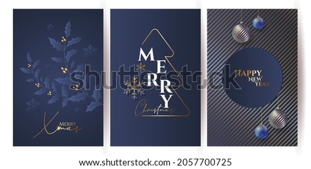 set of Luxury Elegant Merry Christmas and happy new year Poster Template cards, Gold Snowflakes and balls on blue background. Vector illustration. Snowflake frame and sparkles. Gold christmas balls. Royalty-Free Stock Photo #2057700725