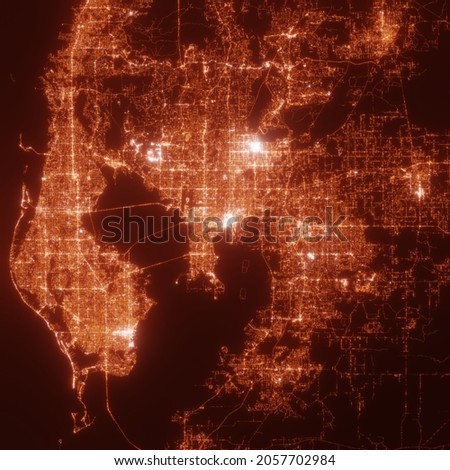 Tampa city lights map, top view from space. Aerial view on night street lights. Global networking, cyberspace. High resolution