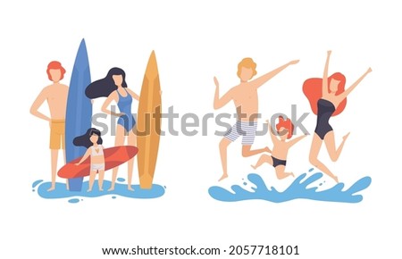 Family at Beach Scene with Father, Mother and Kid Having Fun with Surfboard Splashing in Water Vector Set