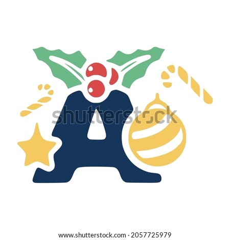 The letter A is decorated with mistletoe and Christmas elements. New Year lettering clip art.