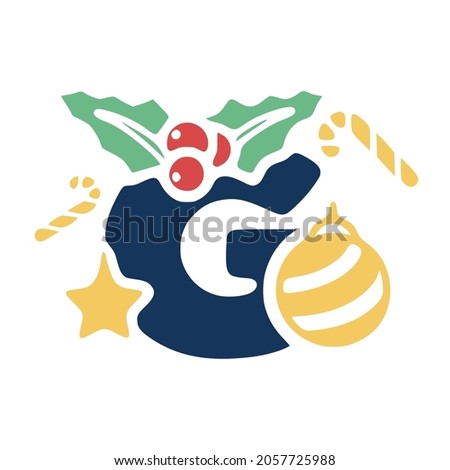 The letter g is decorated with mistletoe and Christmas elements. New Year lettering clip art.