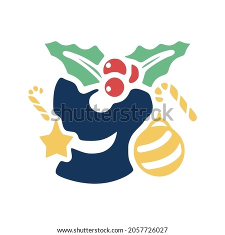 Number 9 is decorated with mistletoe and Christmas elements. New Year vector clip art.