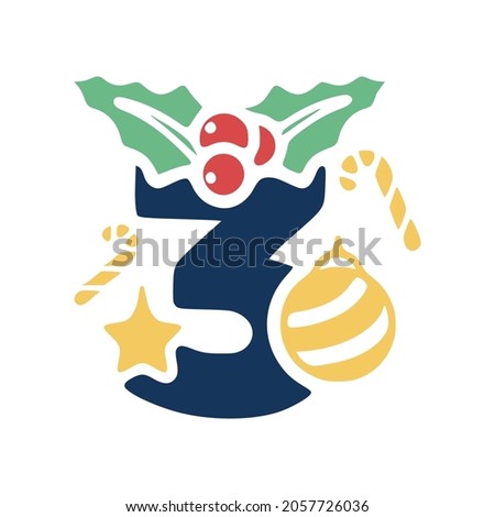 Number 3 is decorated with mistletoe and Christmas elements. New Year vector clip art.