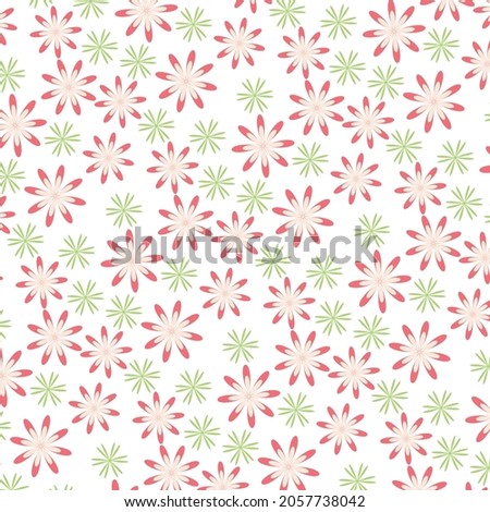 Seamless pattern with pink and green flowers on a White Background.
