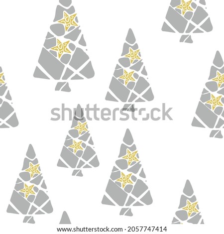 Christmas seamless pattern. Background with silver Christmas trees on gold snowflake . can be used for textile