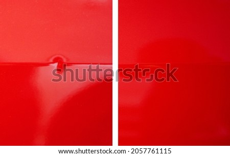Photo before after car body repair, removal of dents without painting. Royalty-Free Stock Photo #2057761115