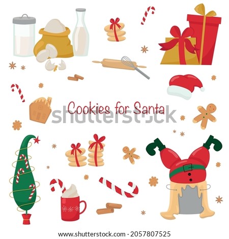 Cookies for Santa Claus clip art set Christmas illustration with sweets, Grinch tree and gift boxes. Vector stock illustration isolated on background for template design greeting card. EPS10