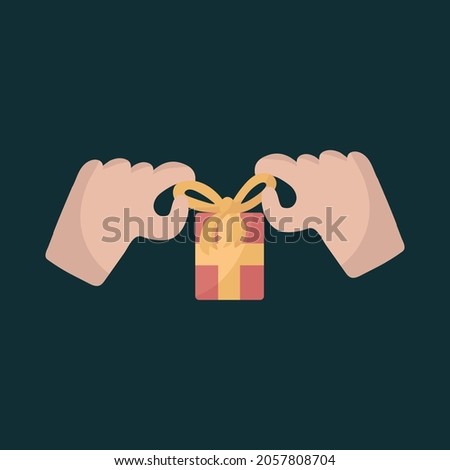 A poster with a gift in hand. Illustration of a box with a present. Hands untie the ribbon at the gift. Icon in color for design. Vector illustration