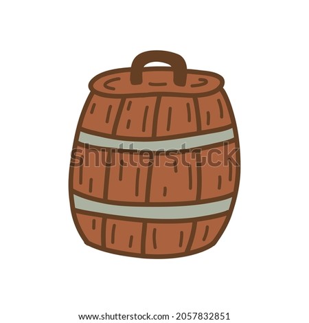 Wooden barrel with lid, tub. Container for storing drinks. Colorful vector isolated illustration hand drawn single