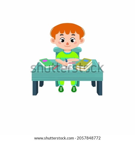 Boy sitting school table, studying, writing. Kids character illustration. Cartoon vector illustration for banner, education, parenting, poster, advertisement, asset and etc.